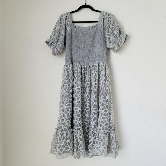 Ivy City Dress Women L Gray Floral Smocked Midi Puff Sleeve Mommy Cottage Boho - Picture 5 of 13